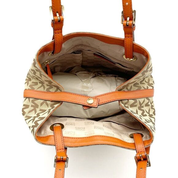NEW MICHAEL Michael Kors Beige Tan Orange Signature Canvas & Leather Tote Large - Picture 6 of 16